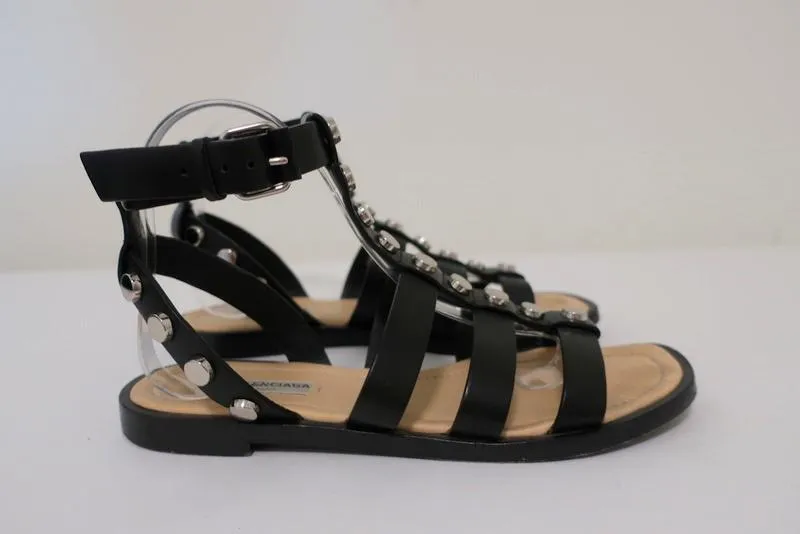 Balenciaga Studded Gladiator Sandals Black Leather Size 38 Ankle Strap Flat