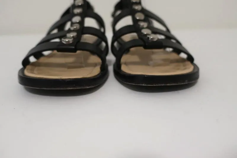 Balenciaga Studded Gladiator Sandals Black Leather Size 38 Ankle Strap Flat