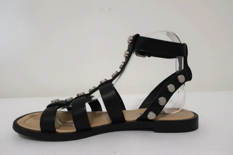 Balenciaga Studded Gladiator Sandals Black Leather Size 38 Ankle Strap Flat