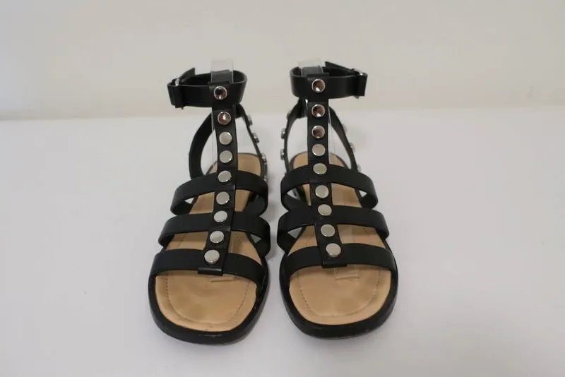 Balenciaga Studded Gladiator Sandals Black Leather Size 38 Ankle Strap Flat