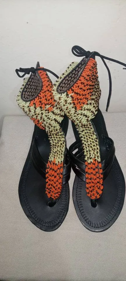 Brown and Gold beaded handmade leather gladiator sandals with free shipping from kenya