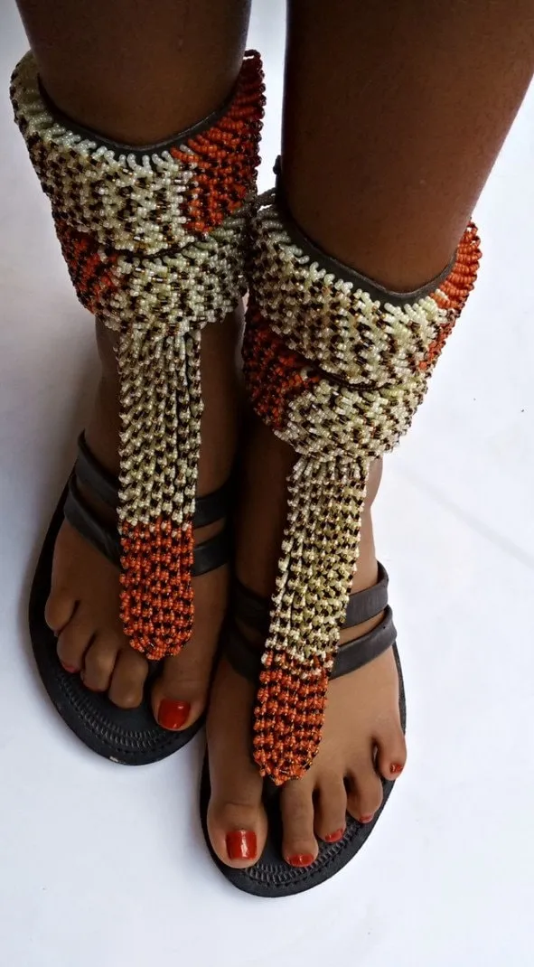 Brown and Gold beaded handmade leather gladiator sandals with free shipping from kenya