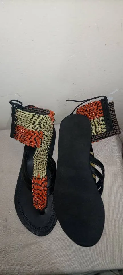 Brown and Gold beaded handmade leather gladiator sandals with free shipping from kenya