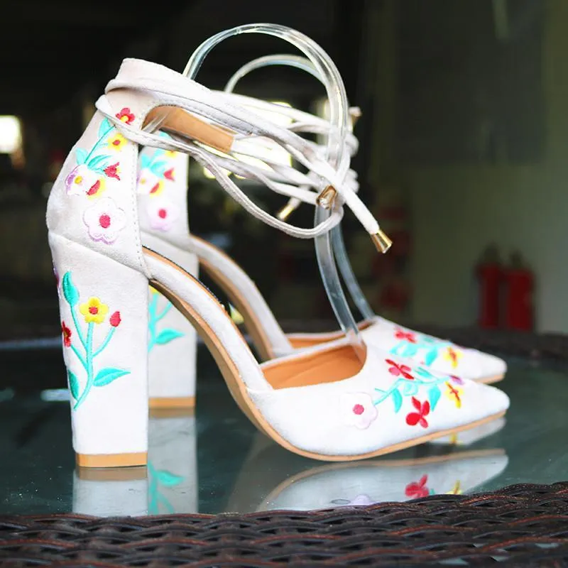 Chicvane Embroidered Suede Chunky Heel Sandals Pointed Toe Heeled Sandals