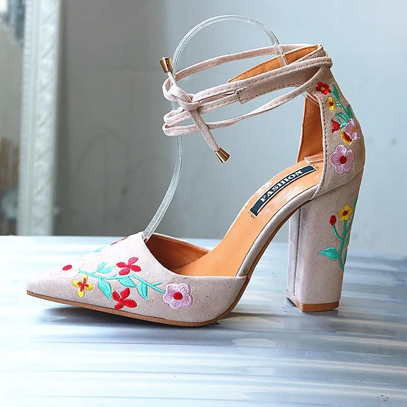 Chicvane Embroidered Suede Chunky Heel Sandals Pointed Toe Heeled Sandals