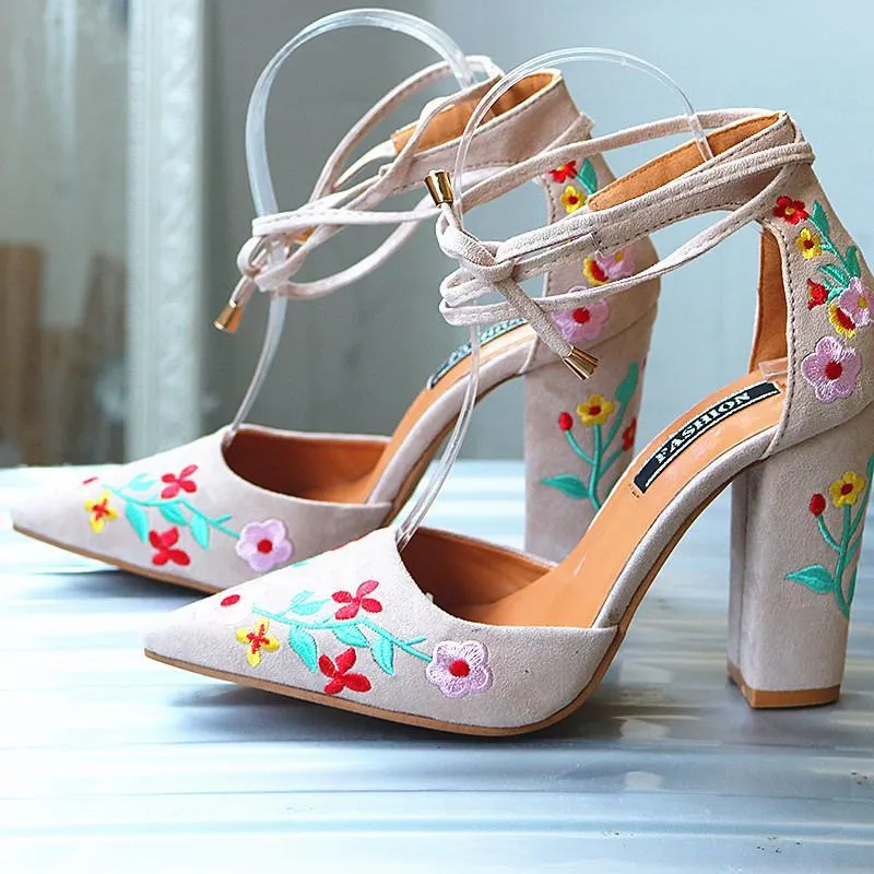 Chicvane Embroidered Suede Chunky Heel Sandals Pointed Toe Heeled Sandals