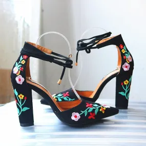 Chicvane Embroidered Suede Chunky Heel Sandals Pointed Toe Heeled Sandals