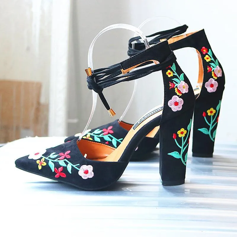 Chicvane Embroidered Suede Chunky Heel Sandals Pointed Toe Heeled Sandals