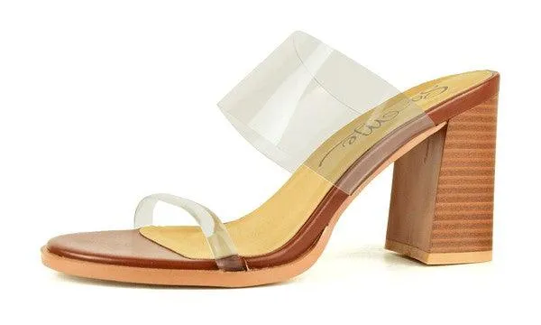 chunky stacked heel sandal with clear pvc upper