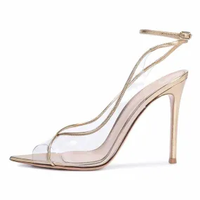 Clear Heels Sandals Gold Ankle Strap Sexy High Heeled Stiletto Dress Shoes