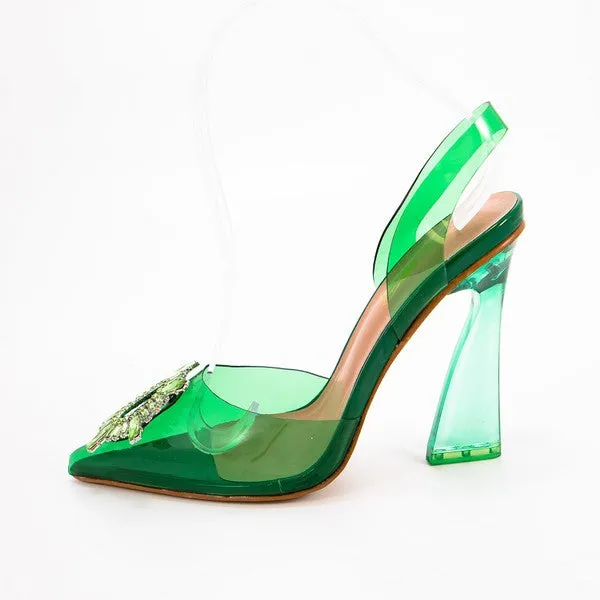 Green Rhinestone Clear Block Heels