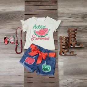 Hello Summer Watermelon Denim Shorts Set