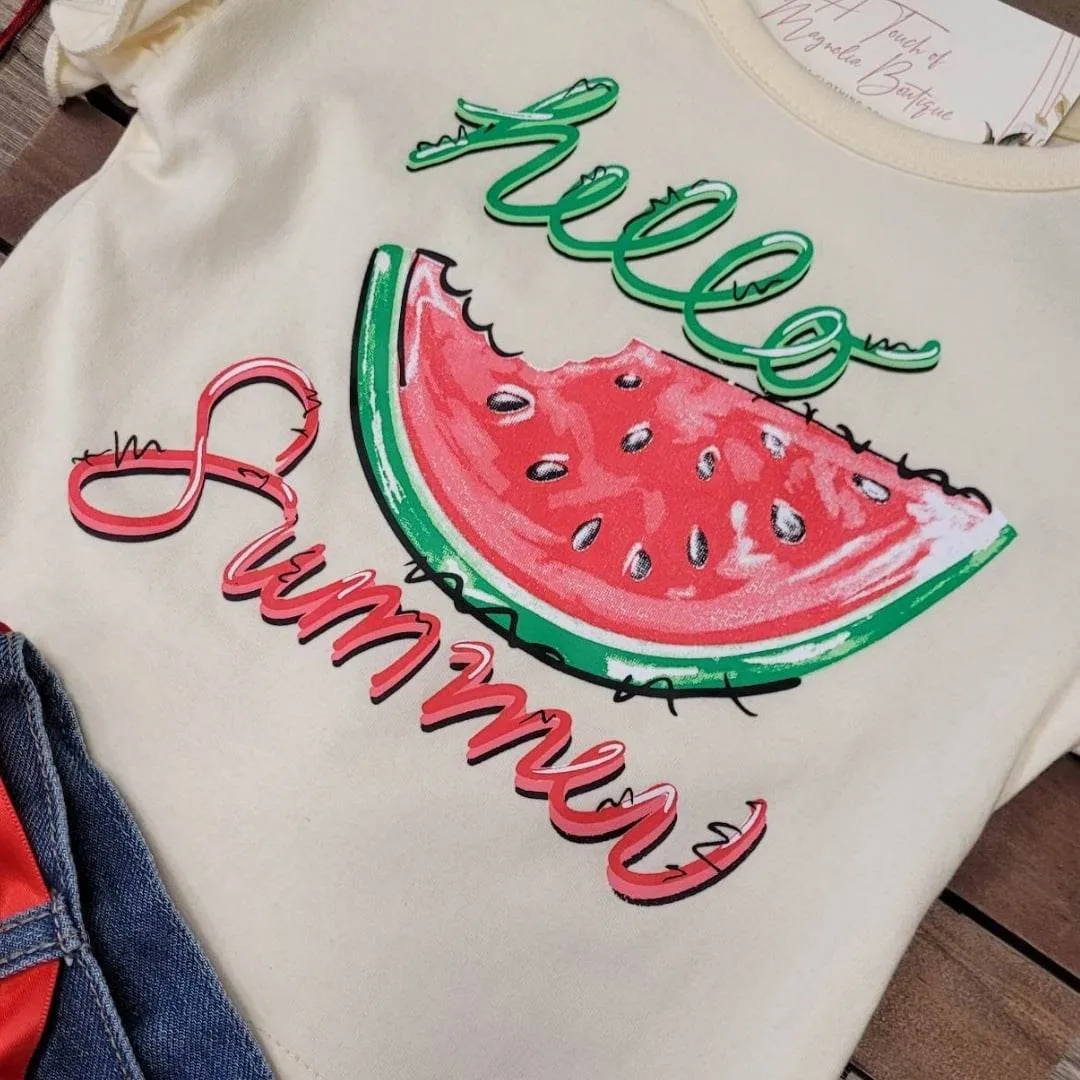 Hello Summer Watermelon Denim Shorts Set