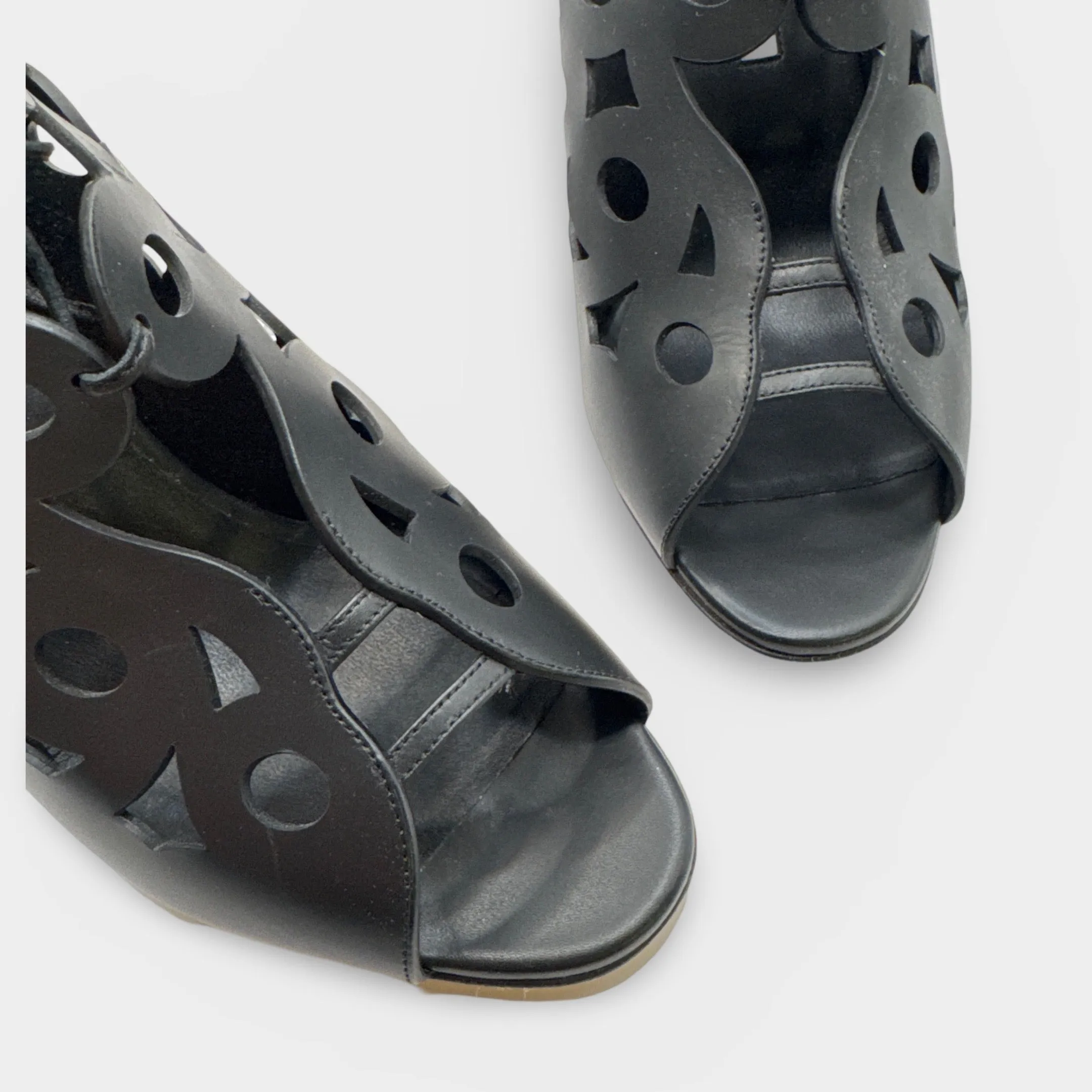 Manolo Blahnik Taralo Black Laser Cut Heeled Sandals