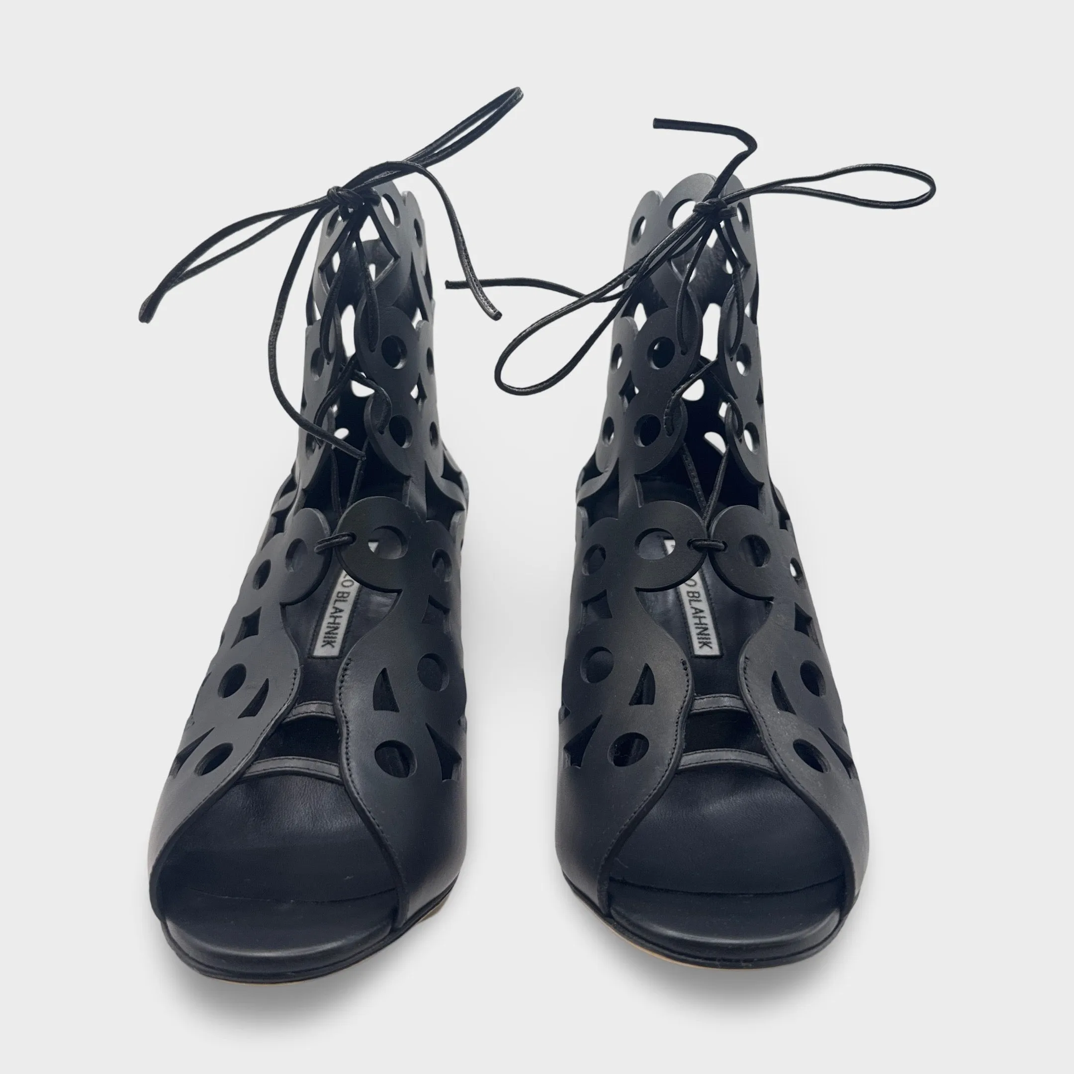 Manolo Blahnik Taralo Black Laser Cut Heeled Sandals