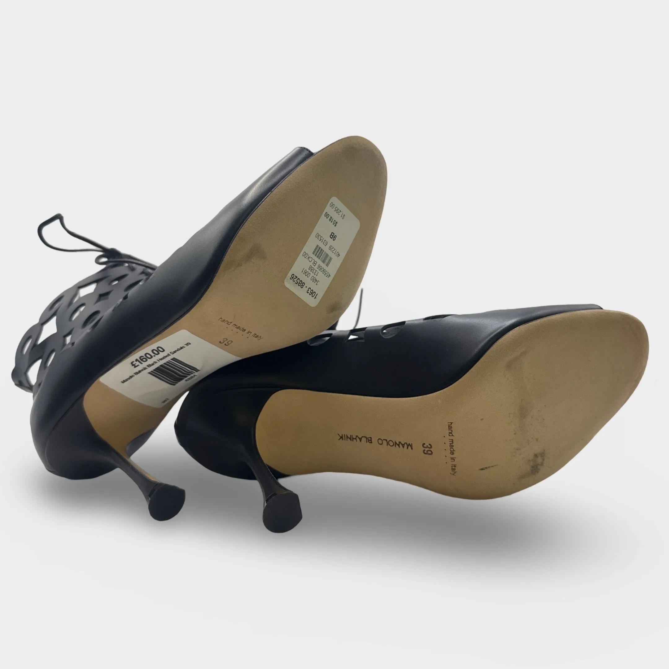 Manolo Blahnik Taralo Black Laser Cut Heeled Sandals