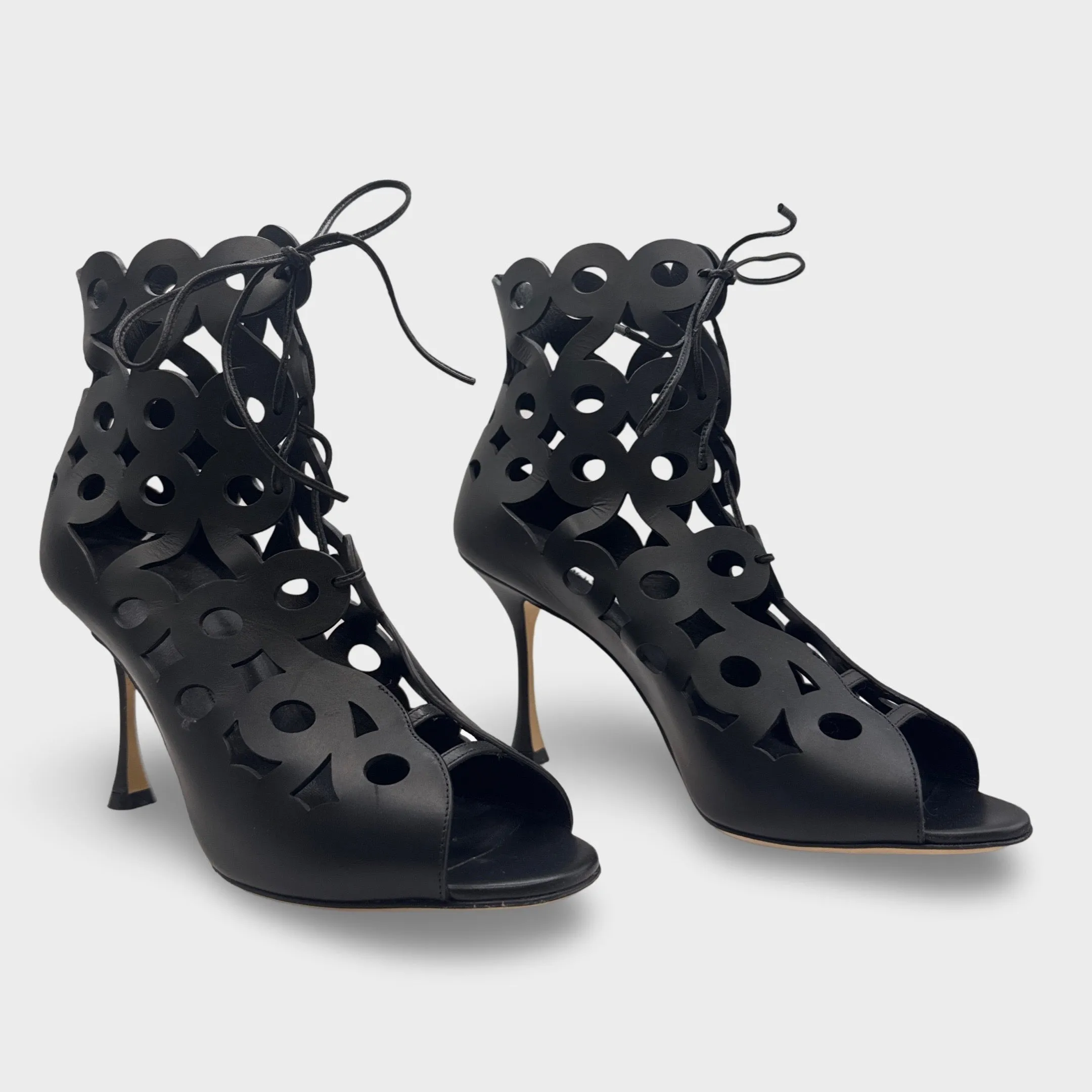 Manolo Blahnik Taralo Black Laser Cut Heeled Sandals