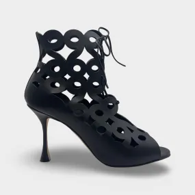 Manolo Blahnik Taralo Black Laser Cut Heeled Sandals