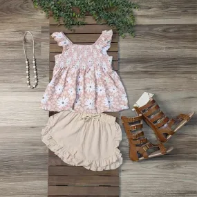 Neutral Floral Smocked Top and Shorts Set