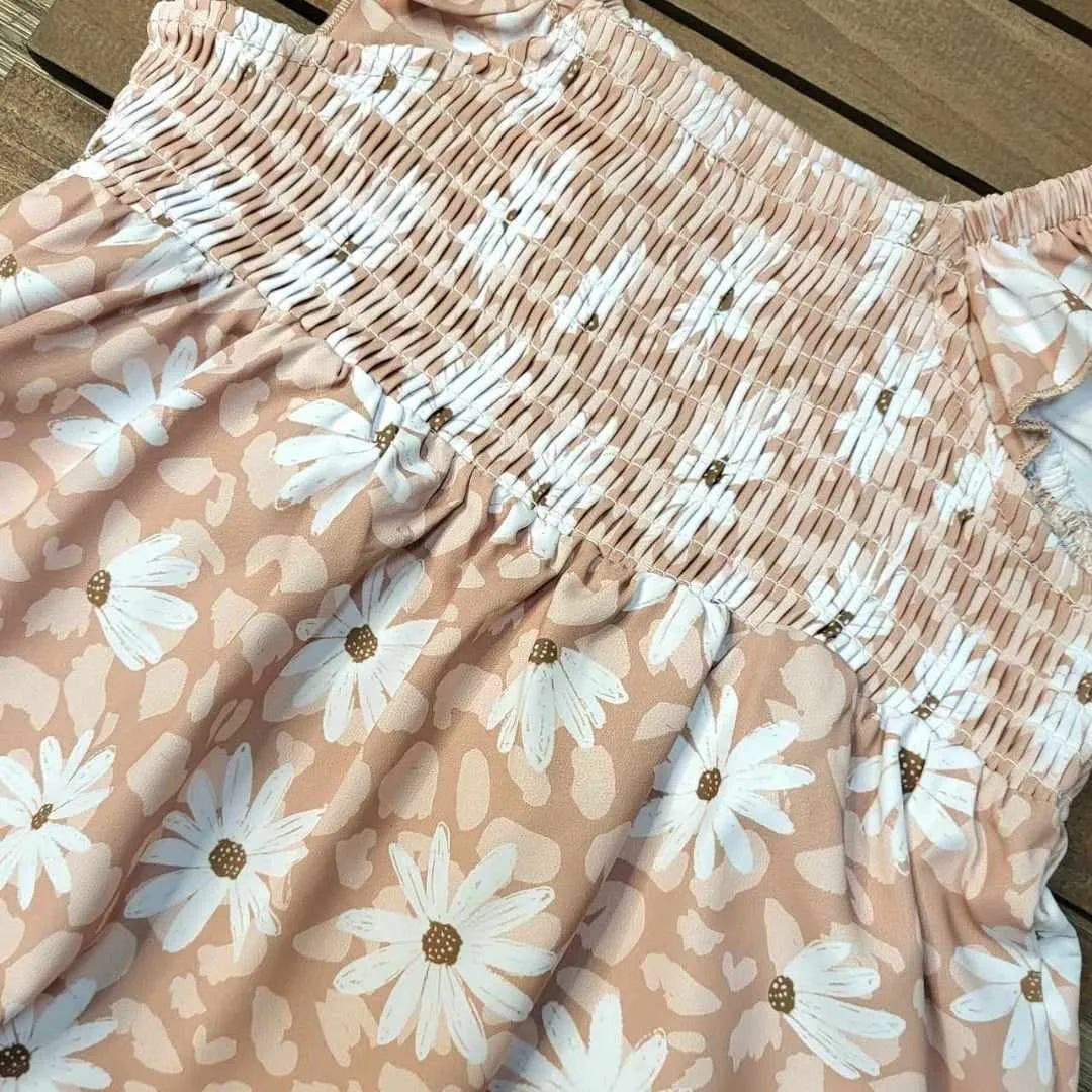 Neutral Floral Smocked Top and Shorts Set