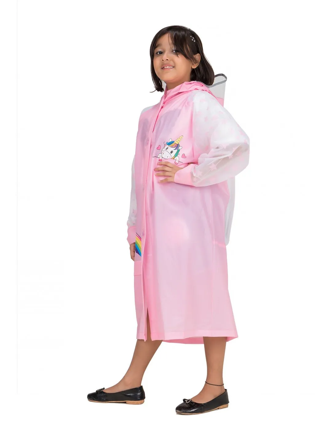 Pink Unicorn Raincoat with Attached School Bag Space for Girls