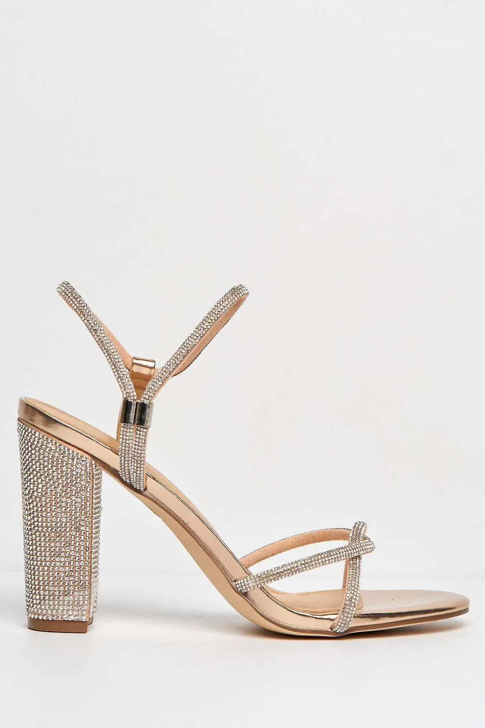Rayah Diamante Embellished Block Heel Sandals in Rose Gold