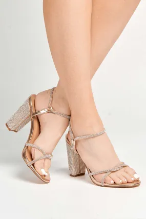 Rayah Diamante Embellished Block Heel Sandals in Rose Gold