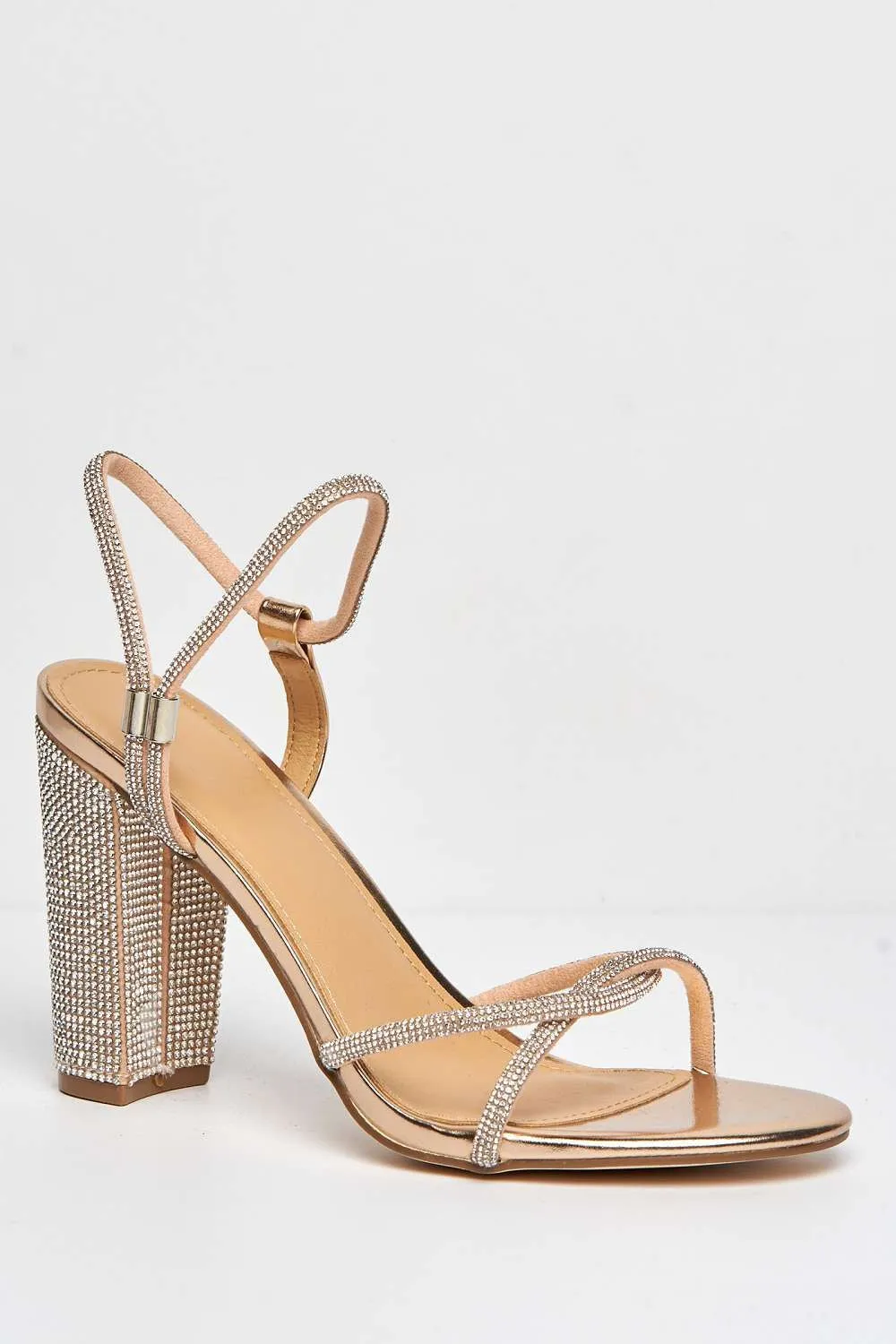 Rayah Diamante Embellished Block Heel Sandals in Rose Gold