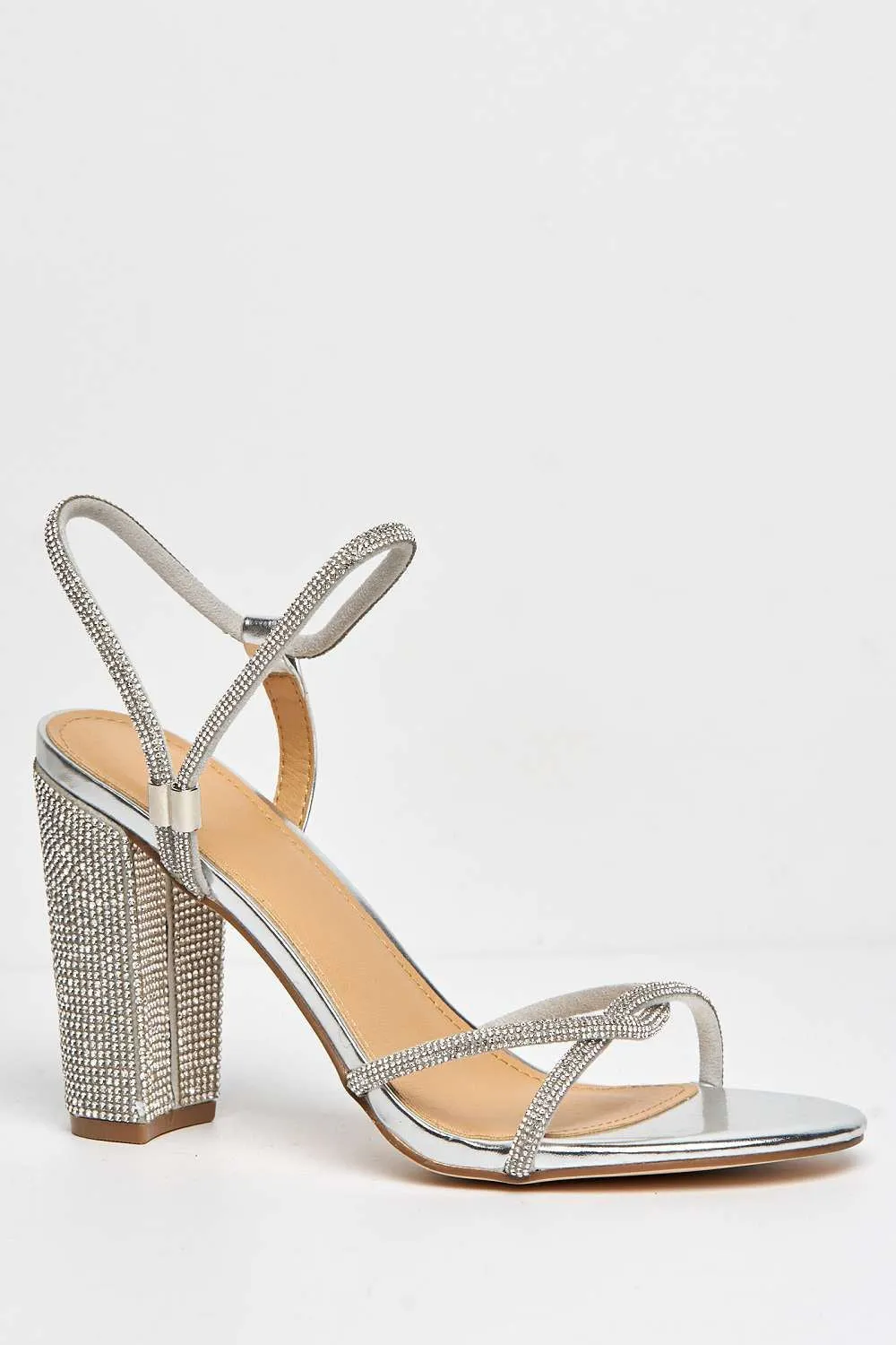 Rayah Diamante Embellished Block Heel Sandals in Silver