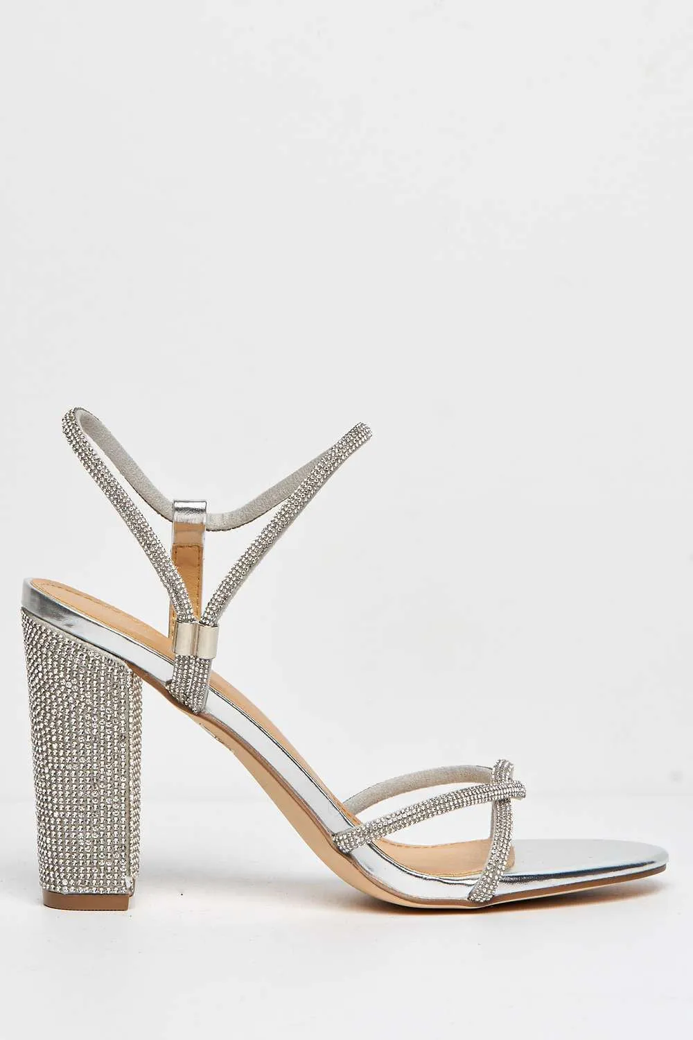 Rayah Diamante Embellished Block Heel Sandals in Silver