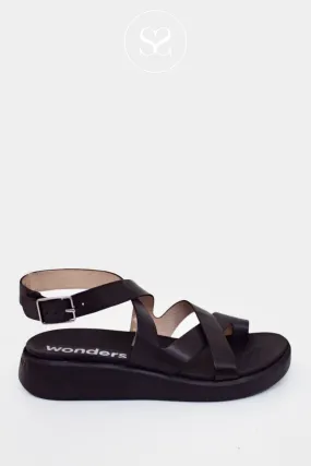 WONDERS C-6502 BLACK LEATHER LOW WEDGE GLADIATOR SANDALS