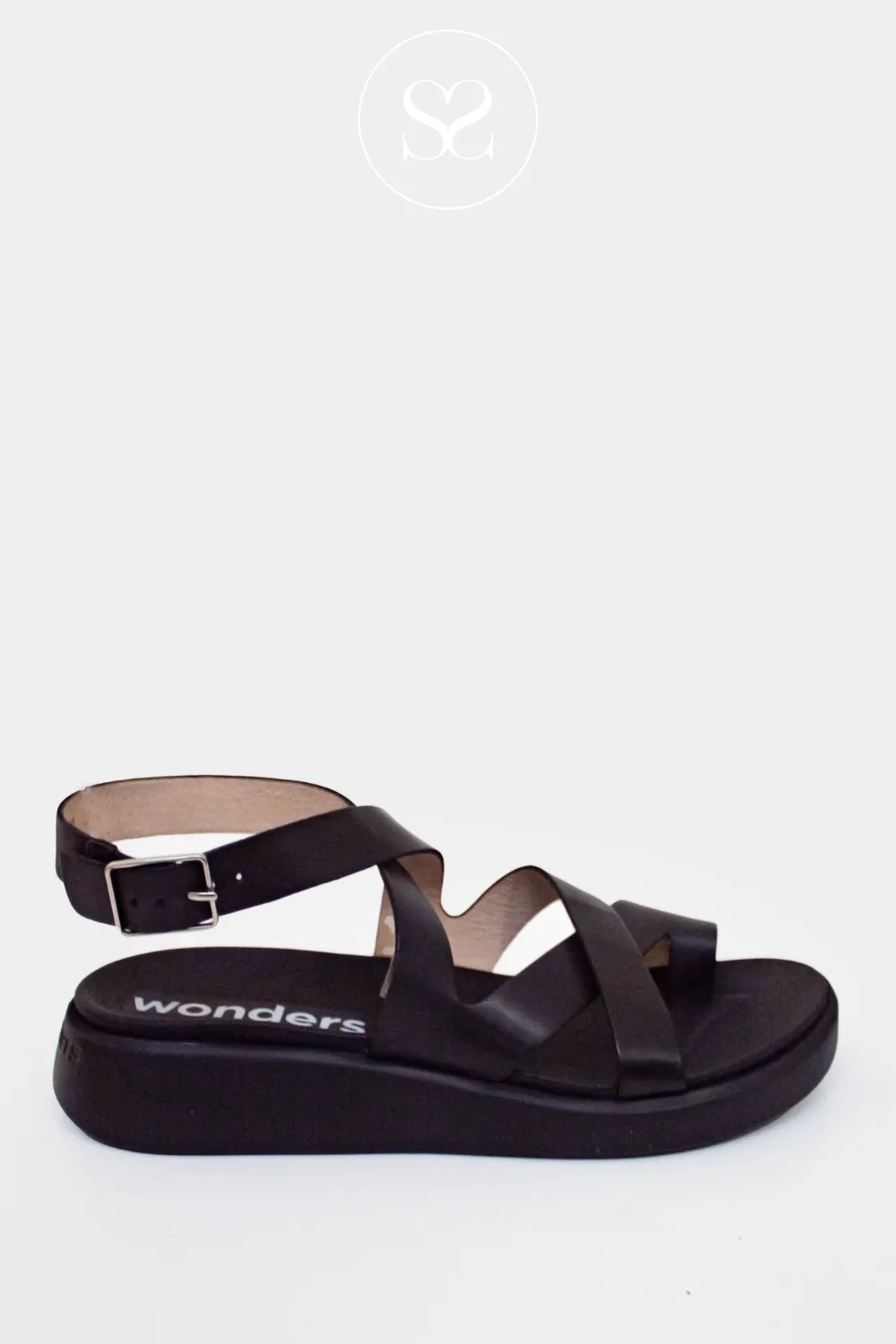 WONDERS C-6502 BLACK LEATHER LOW WEDGE GLADIATOR SANDALS